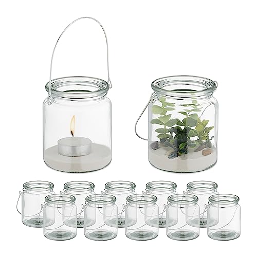 Beste Kerzengläser: Relaxdays Windlicht Glas, 12er Set, Teelichthalter mit Henkel, HxD: 9,5 x 8 cm, runde Kerzengläser, transparent/Silber