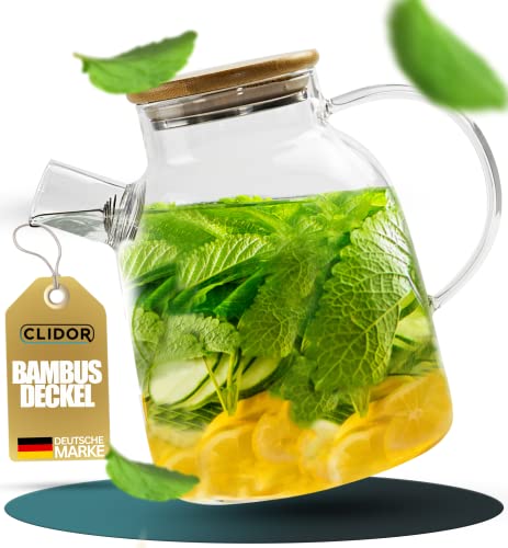 Beste Karaffen: CLIDOR ® - Glaskaraffe - 1,6 Liter ( verstärkte Glasdicke ) Karaffe für Heiß- & Kaltgetränke - Tropffreier Ausguss - Wasserkaraffe - Teekanne Glas - robuste Glaskaraffe mit Deckel - 1,6L Wasserkrug