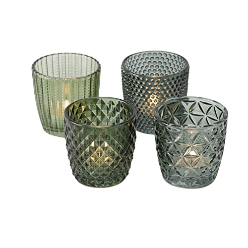 Beste Kerzengläser: Boltze Windlicht Set Marilu 4-teilig (grün, Deko-Gläser für Kerzen / Teelichter, Kerzenständer ø 8 cm, verschiedene Muster, Form rund, Teelichthalter) 1014420