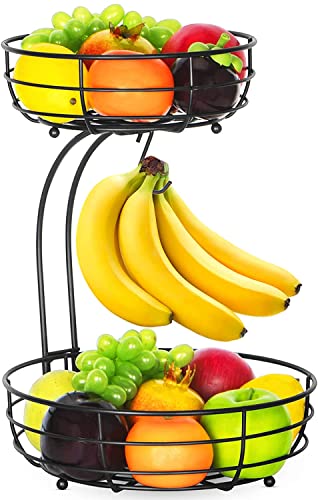 Beste Obstkörbe: Bomclap Obstkorb mit Bananenhalter - 2 Stöckig Obstschale aus Metall - Küche Stehend Moderne Obstschalen - Dekorativer Gemüsekorb Obstschale - Schwarz