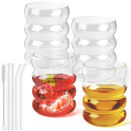 Wasserglas: Geriffelte Trinkgläser mit Glasstrohhalmen, Set...