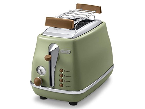 Beste Retro Toaster: De'Longhi Icona Vintage CTOV 2103.GR – 2-Schlitz-Toaster mit Brötchenaufsatz, Toaster mit 6 Bräunungsstufen, Auftau- & Aufwärmfunktion, aus Edelstahl in elegantem Retro Look, grün