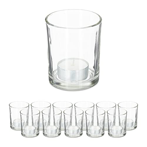 Beste Kerzengläser: Relaxdays Teelichtgläser, 12er Set, Teelichthalter aus Glas, Schlichte Votivgläser, H x D: 8,5 x 7 cm, Deko, transparent