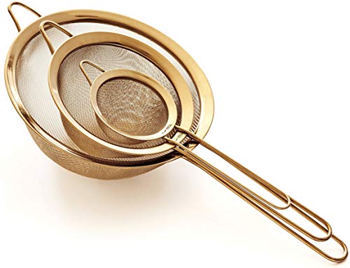 Beste Küchensiebe: Proto Future Hochwertiges Küchensieb Set, Feinmaschig - 8.5/14/20cm - Premium 304 Edelstahl - Langlebige Siebe in Goldener Farbe, Sieb Set für die Küche