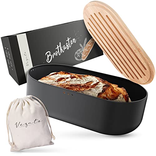 Beste Brotkästen: Vezato Brotbox – Nachhaltiger Brotkasten für lange Frische dank spezieller Beschichtung – Extra großer Brotkorb mit Bambusdeckel & Schneidebrett – Nachhaltiger Brotbehälter inkl. Brotsack