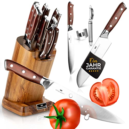 Beste Küchenmesser: KRONENKRAFT® Messerset 9-teilig mit Messerblock 6 Messer plus Geflügelschere & Wetzstahl scharfes Küchenmesser Set mit Pakkaholzgriff Santokumesser Kochmesser Chefmesser Brotmesser