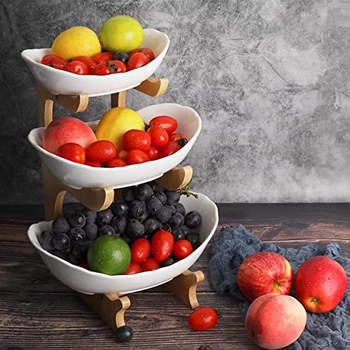 Beste Obstkörbe: SEVEN SPARTA Obst Etagere Obstschale Keramik 3 Stöckig Porzellan Obstteller 3 Etagen mit Natürlichem Bambus Ständer Servierteller für Obst, Kuchen, Süßigkeiten